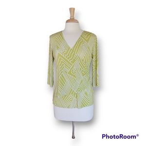 Tribal V-Neck 3/4 Sleeve Green/White Mock Stretch Cross Over Top. Size M